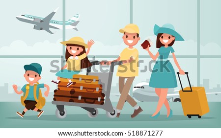 Family travel. Father mother, son and daughter at the airport. Vector illustration in a flat style