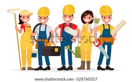 Team of workers are building a house. Foreman, painter, electrician, landscaper, carpenter. Vector illustration in flat style