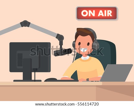 Broadcasting. Radio host behind a desk speaks into the microphone on the air. Vector illustration in flat style