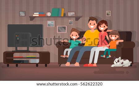 Happy family watching television sitting on the couch at home. Vector illustration in a flat style