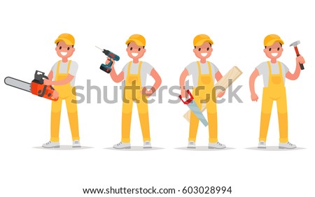 Set of worker with various tools. Man with a chainsaw, screw gun, saw and a hammer. Vector illustration in a flat style