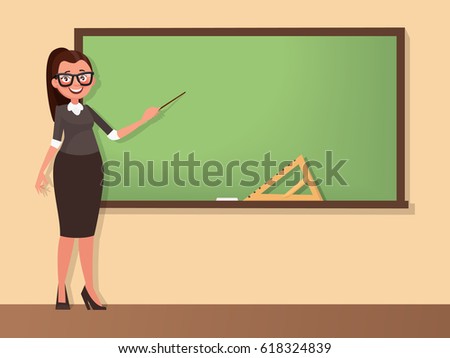 Young Woman Teacher Stands Blackboard Pointer Stock Vector 618324839 ...