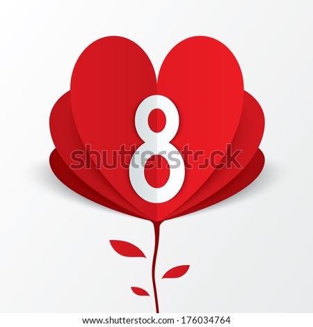 8 march red paper heart flower Women's Day card on white background. Cut from paper. Vector illustration