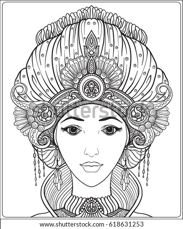 young beautiful girl in rich decorated costume in oriental style stock line vector illustration - Outline Pictures For Drawing young beautiful girl in rich decorated costume in oriental style stock line vector illustration - Outline Pictures For Drawing