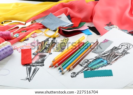 Workplace of designer clothing close-up