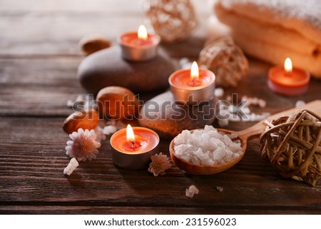 Composition of spa treatment on wooden background