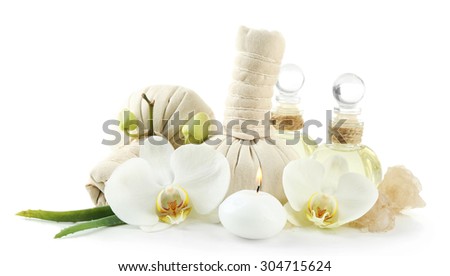 Composition with massage bags, sea salt and orchid flower, isolated on white