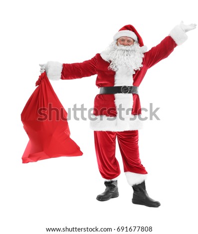 Authentic Santa Claus with big gift bag on white background