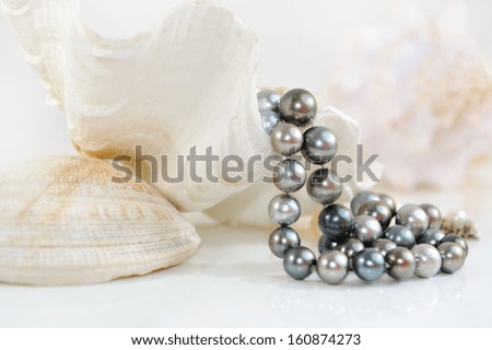 Background of the big white sea shells and black pearls.
