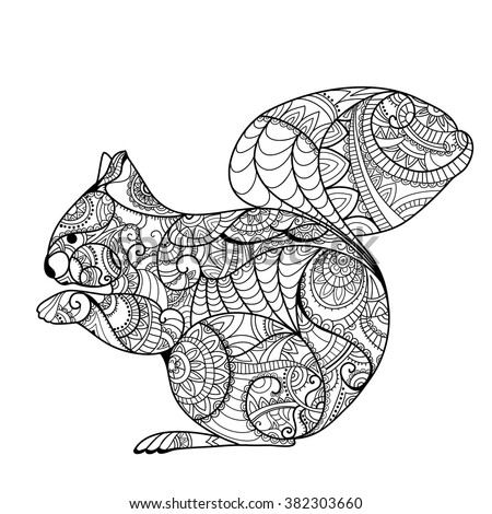 Squirrel Coloring Book Hand Drawn Funny With Nut For Adult Anti Stress