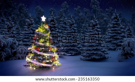 shiny Christmas tree before snow covered trees at night