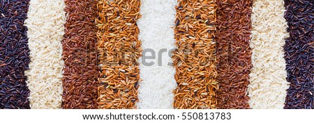 Jasmine rice, Brown rice, Red rice,Black rice, Mixed rice and Riceberry texture for background