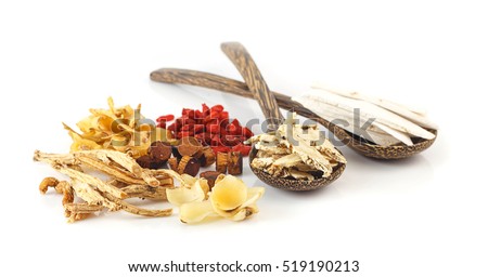 Group of chinese medicine herbs on white background