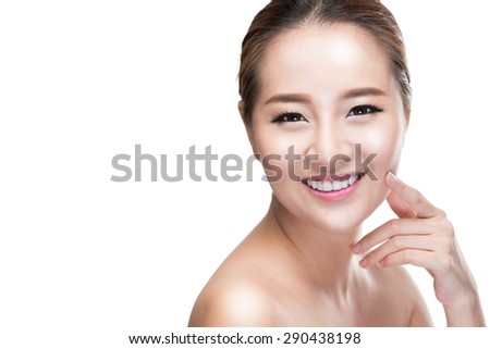 Beautiful woman cares for the skin face - posing at studio isolated on white with clipping path,asian Beauty.