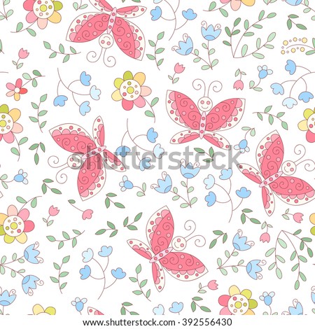 Seamless Pattern Flying Butterflies Flowers Blue Stock Vector 388729795 ...