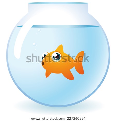 Goldfish in a bowl looking at camera with bubbles vector illustration.