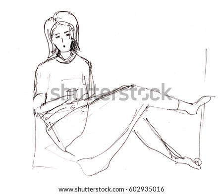 Instant Sketch Girl Sitting On Chair Stock Illustration 602935016