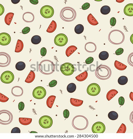 Background with tomato, cucumber slices, onion and olives