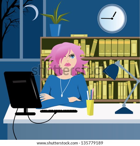 Cute Young Woman Sitting Her Desk Stock Photo (Photo, Vector - 450x470 - jpeg Desk At Work Late