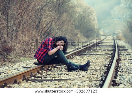 Sad Young Girl Sitting Lonely Rail Track Stock Photos 