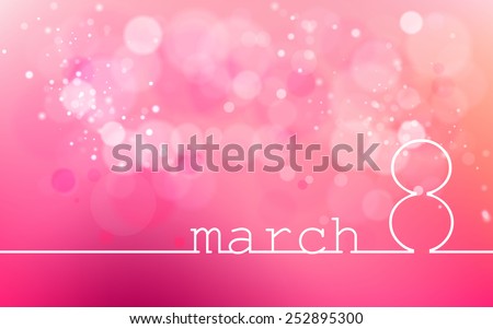 International Women's Day on March 8. Line style design, pink glowing background, blur, bokhe, confetti, illustration. For banner, flare, website header, postcard. Picture Image. Vector.