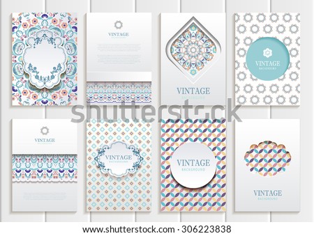 stock vector set of brochures in vintage style design templates frames and backgrounds. Use for printed materials, signs, elements, web sites, cards