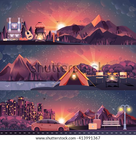 Stock vector illustration set of night landscape, mountains, sunset, travel, hiking, nature, tent, campfire, pot, big tourist backpack, camping, car, city nightlife, bench, luggage, tour in flat style