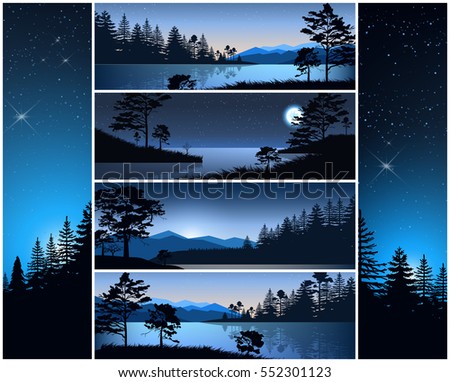 Set vector illustration nature night background header title website. Mountains lake landscape purple silhouette tree blue sky violet sunset sunrise river. Banner horizontal vertical slider menu image