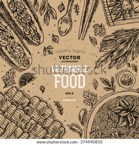 Vietnamese food. Linear graphic. Top view vintage illustration