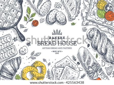 Bakery background. Linear graphic. Bread and pastry collection. Bread house. Engraved top view illustration. Flat lay. Vector illustration