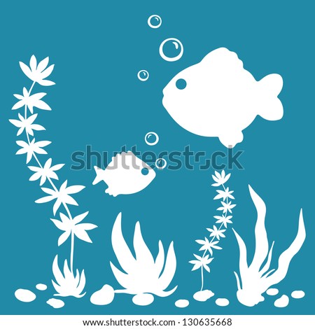The underwater world white silhouette with plants, fishes, shells on blue background-vector illustration