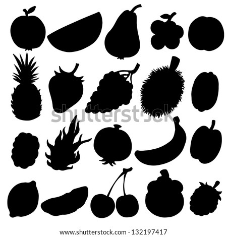 Set black silhouette various fruits on a white background. Abstract design logo. Logotype art - vector