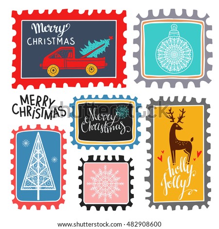 Christmas Holiday marks. Icons, symbols, signs. Isolated on white background set. Merry Christmas, Holly jolly text, handwritten. Hand drawn cartoon tree, snowflakes, deer, ball, car, hearts