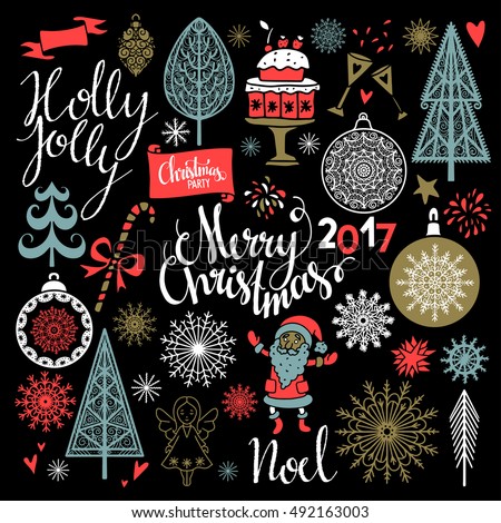 Christmas Holiday icons. Merry Christmas, Holly Jolly, Noel hand written text, lettering. Tree, Santa Claus, ball, ribbon, snowflakes, stars, sugar cane, cake, angel, 2017 number. Hand drawn isolated