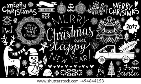 Christmas, New Year hand drawn icons set isolated on chalk board background