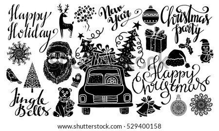 Christmas and New year hand drawn, scrapbooking design elements, icons set isolated on white background. Handwritten font. Vector design