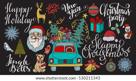 Christmas and New year hand drawn set, scrapbooking design elements, icons isolated on black background. Handwritten font. Vector design