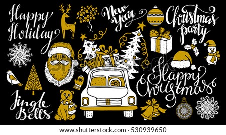 Christmas and New year hand drawn set, scrapbooking design elements, icons isolated on black background. Handwritten font. Vector design