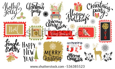 Christmas and New year hand drawn, scrapbooking design elements, icons, marks set isolated on white background. Hand written font, lettering