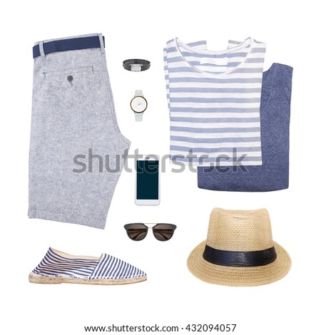 collection collage of men's clothing isolated white background