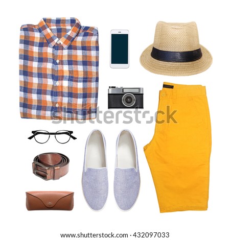 collection collage of men's clothing isolated white background