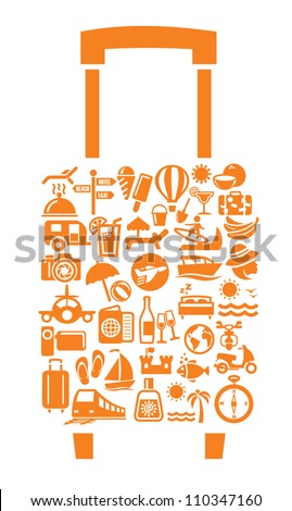 Travel suitcase with many icon on gray