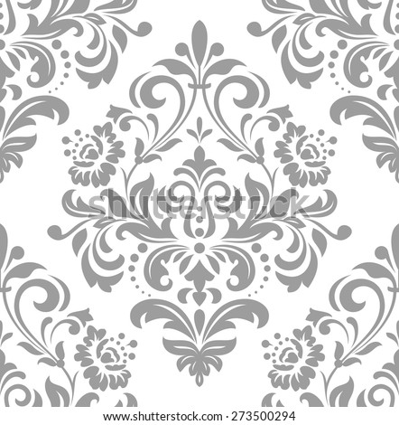 Wallpaper in the style of Baroque, damask. A seamless vector background. Gray and white ornament.