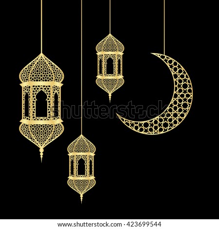 Ramadan greeting card on black background. Vector illustration. Ramadan Kareem means Ramadan is generous.
