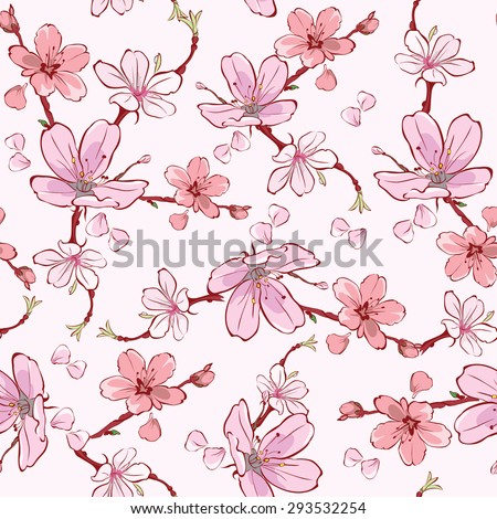 Vector Pink Cherry Sakura Flowers Seamless Pattern