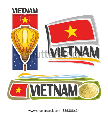 Vector logo Vietnam, 3 isolated images: vertical banner traditional paper lantern with plum blossom on background vietnamese national state flag, conical hat non la, republic of vietnam ensign flags.