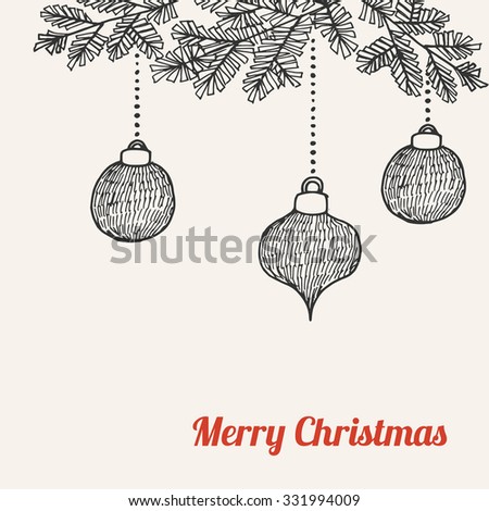 Christmas Card Invitation With Hand Drawn Doodle Balls Baubles And Tree Branches