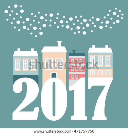 Cute Christmas, New Year 2017 card with winter houses, falling snowflakes. Vector illustration, flat design.