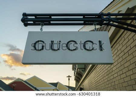 WOODBURY, NEW YORK - OCT 26 : Gucci signboard at Woodbury Common Premium Outlet on Oct 26, 2016 in Woodbury, New York, USA.