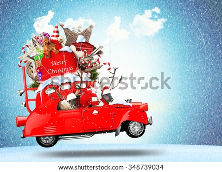 Santa Claus with reindeer in a car with gifts